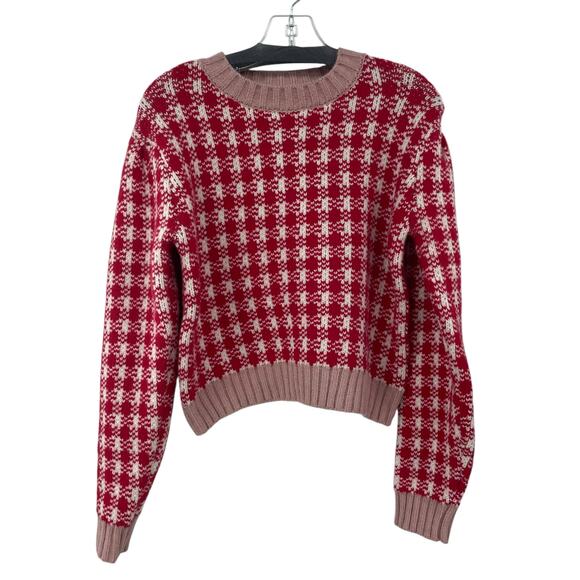 & Merci Pullover Crewneck Sweater Red White Pink Houndstooth Print Womens Medium - Picture 1 of 5
